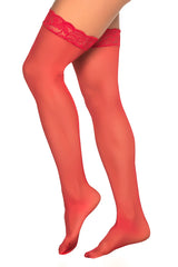 Red sheer mesh thigh highs with delicate lace trim at the top from Mapale 1094 in color red