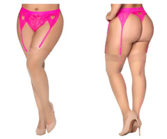 Bright pink lace garter belt with heart-shaped cutouts and nude mesh thigh highs by mapale 1099x