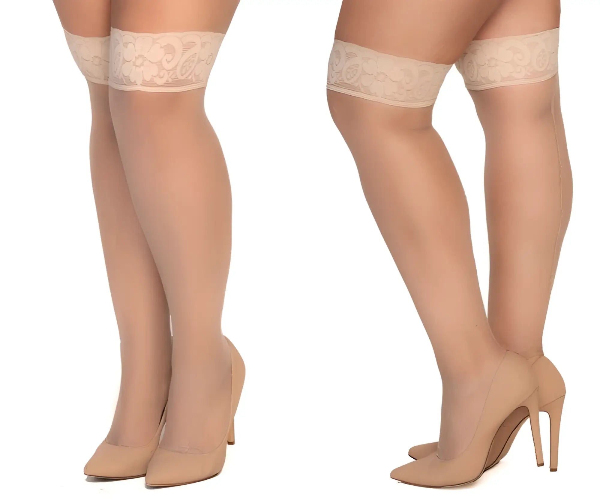 Beige lace-cuffed mapale 1101 mesh thigh high stockings in nude color with sheer smooth texture