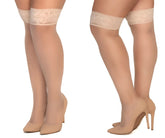 Beige lace-cuffed mapale 1101 mesh thigh high stockings in nude color with sheer smooth texture