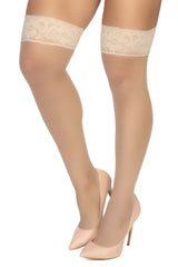 Beige lace-edged mapale 1101 mesh thigh highs with sheer nude mesh texture