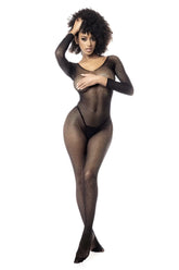 Mapale 1102 black long sleeved fishnet bodystocking with fitted, form hugging design and sheer material