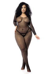 Black fishnet bodysuit with long sleeves and sheer mesh texture by mapale 1102x for stylish lingerie wear