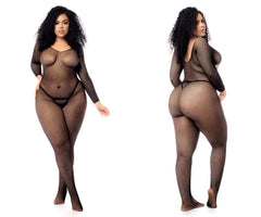 Black long sleeved fishnet bodysuit with matching thong by Mapale 1102X shown from the back