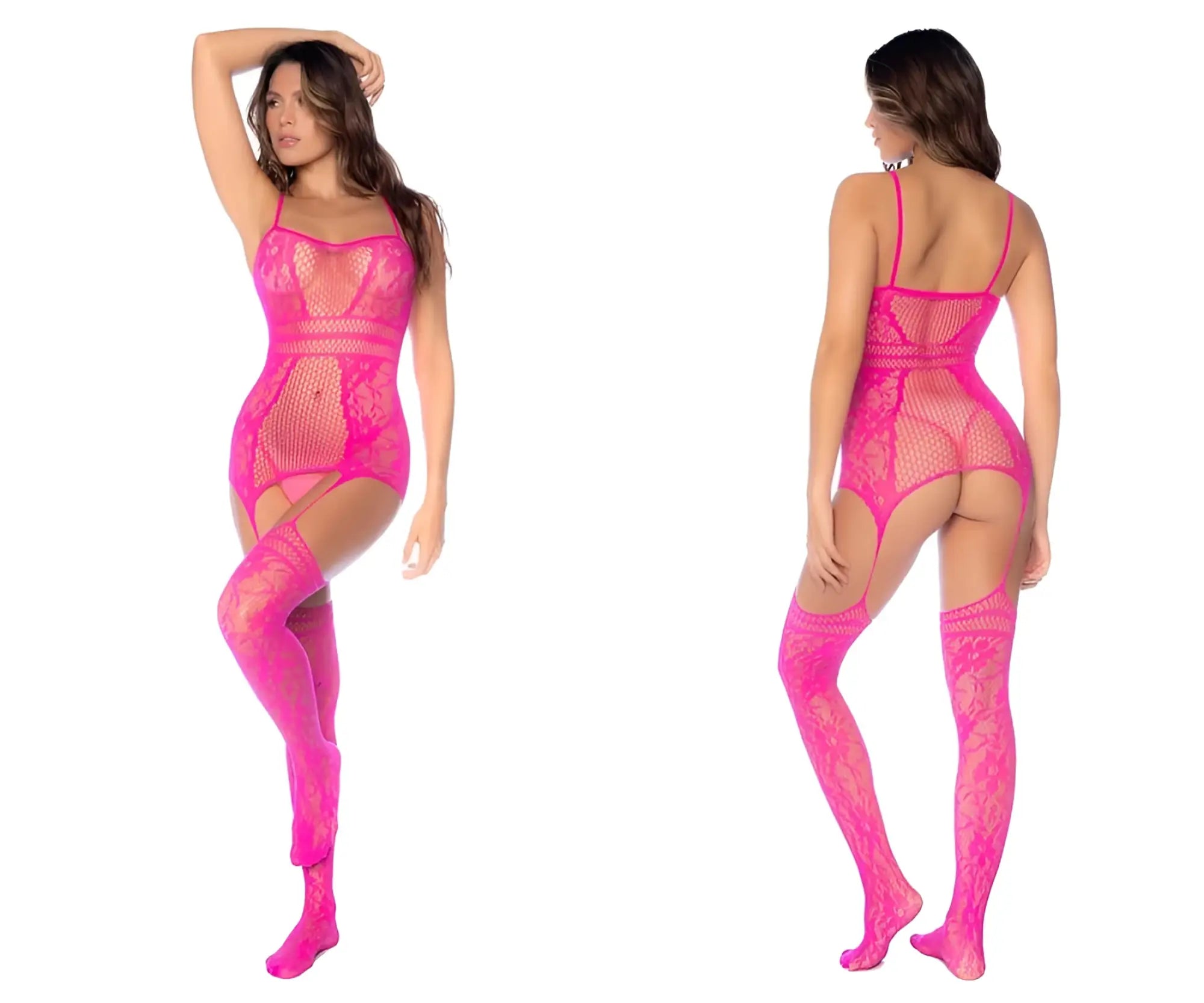 Bright pink neon fishnet lace bodysuit with matching thigh-high stockings by mapale 1105 shown from the front