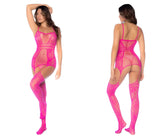 Bright pink neon fishnet lace bodysuit with matching thigh-high stockings by mapale 1105 shown from the front
