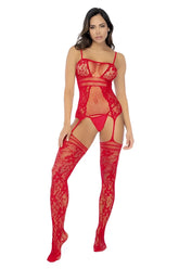 Red lace fishnet bodysuit with matching thigh-high stockings and neck strap from mapale in vibrant red