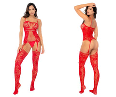 Red lace fishnet bodysuit with matching thigh-high stockings by mapale featuring necklines straps in red