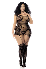 Black mapale 1105X fishnet bodystocking with lace detailing and thigh-high stockings in mesh material
