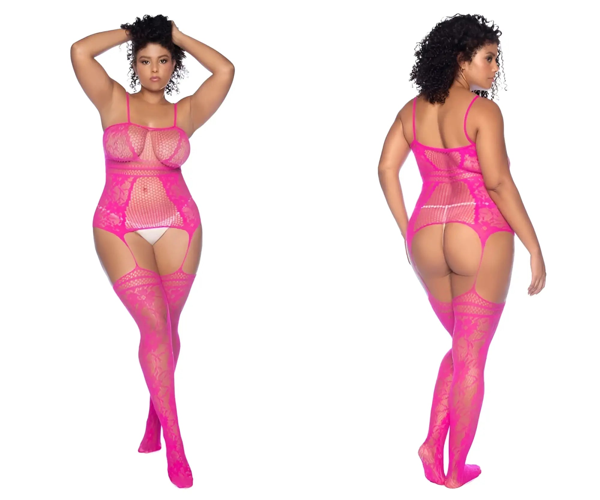 Bright pink neon pink lace fishnet bodysuit with matching thigh-high stockings and garter straps by mapale