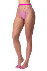 Pink fishnet pantyhose with a bright neon pink waistband from mapale 1106 fence net collection