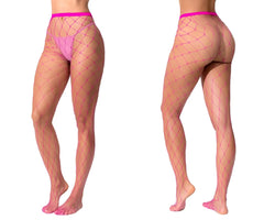 Fuchsia mesh fishnet stockings with a matching elastic waistband in mapale 1106 fence net pantyhose neon pink