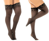 Black lace-edged sheer thigh high stockings in black by Mapale with stay up feature