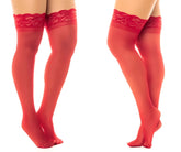 Mapale 1108 sheer red thigh highs with intricate lace detailing at the top and stay up feature