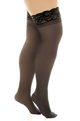 Black lace-edged sheer thigh-high stockings from mapale 1108x with stay up in black color and sheer material