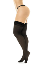 Mapale 1109 sheer thigh high stockings in black feature a solid black elastic band at the top for secure fit
