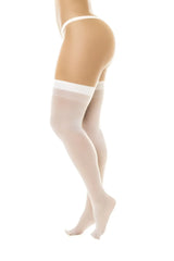 Mapale 1109 sheer white thigh high stockings with a smooth opaque white band at the top made of sheer fabric