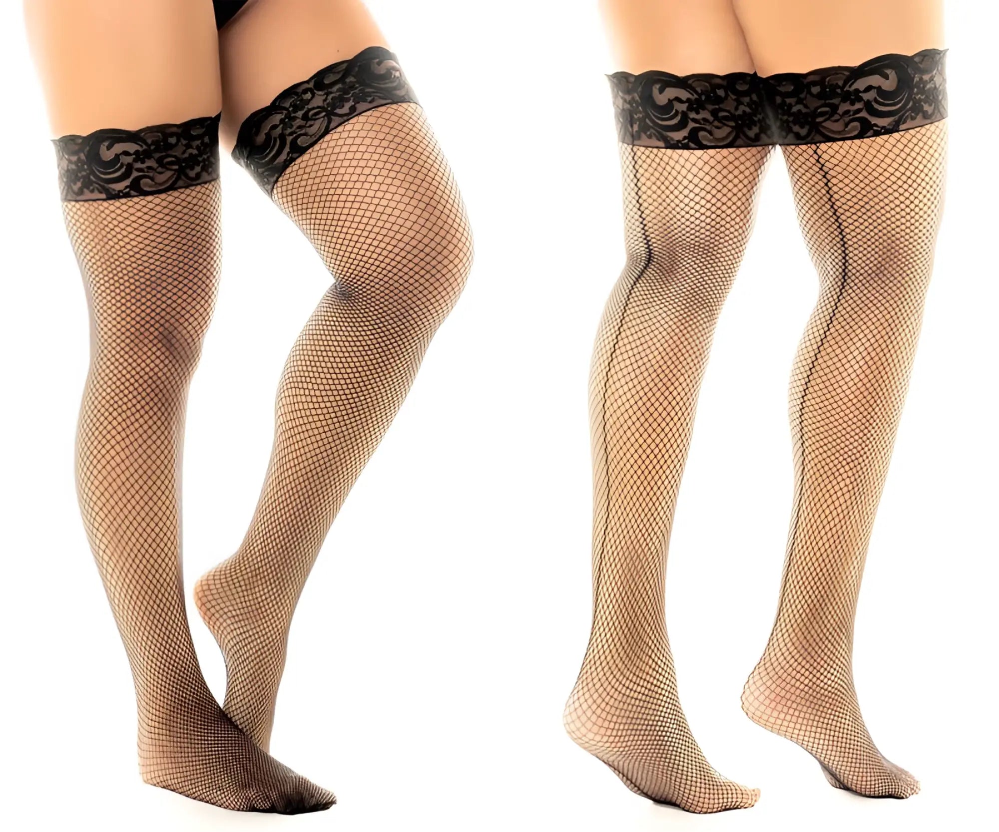 Black lace-trimmed fishnet thigh-high stockings by Mapale in black featuring intricate lace detail