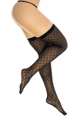 Mapale 1112 black diamond mesh thigh high stockings with subtle pattern and solid elastic bands at the top