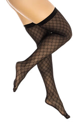 Black mesh thigh high stockings with diamond pattern and solid elastic waistband by Mapale 1112 in color black