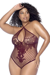 Maroon fishnet bodysuit with floral lace detailing from mapale 1115x cherry color for stylish wear