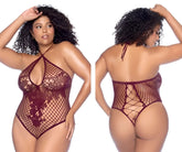 Maroon fishnet lace bodysuit with crisscross back straps floral pattern in cherry color by Mapale 1115X