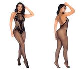 Black fishnet halter and crotchless floral bodystocking with lace detailing by Mapale in black color