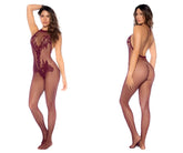 Mapale 1116 cherry maroon fishnet halter bodystocking with lace detailing and crotchless floral design