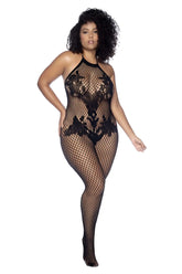 Black lace mesh bodysuit with halter neckline and intricate floral patterns by Mapale in black color