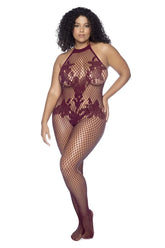 Mapale 1116X cherry halter bodystocking with lace bodysuit and fishnet mesh overlay for a bold floral look