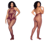 Maroon lace fishnet bodysuit with halter neckline and backless design by mapale model 1116x in cherry color