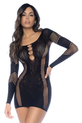 Black mapale 1117 long sleeve fishnet dress with floral lace detailing and cut-out embellishments