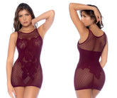 Mapale 1118 sleeveless cherry floral fishnet dress featuring maroon bodysuit with intricate lace detailing
