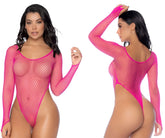A neon pink long sleeve fishnet bodysuit by Mapale with a high-cut leg design and vibrant mesh material