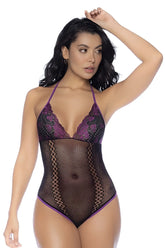 Purple and black lace fishnet bodysuit with mesh panels by Mapale shown from the back side