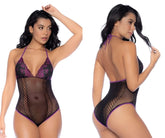 Mapale 1121 fishnet and lace bodysuit set in black and purple features a mesh one-piece design with lace trim
