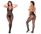 Black fishnet bodysuit with purple lace trim and back tie detail shown from the back in mapale 1122 set
