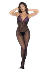 Mapale 1122 black and purple fishnet and lace bodystocking set featuring a halter top and central zipper closure