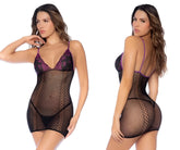 Black fishnet bodysuit with purple lace trim and matching straps in Mapale 1123 fishnet and lace dress stocking