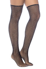 Black fishnet thigh high stockings by Mapale with sparkling rhinestones along the top edge