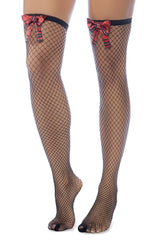Black fishnet diamond thigh high stockings with red and black plaid bows by Mapale 1128