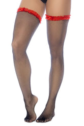 Black fishnet thigh high stockings with red ruffled trim by mapale 1129 in black red color