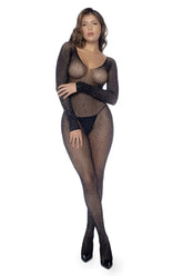 Mapale 1131 long sleeve fishnet bodystocking in black with sparkling rhinestones and deep neckline detail