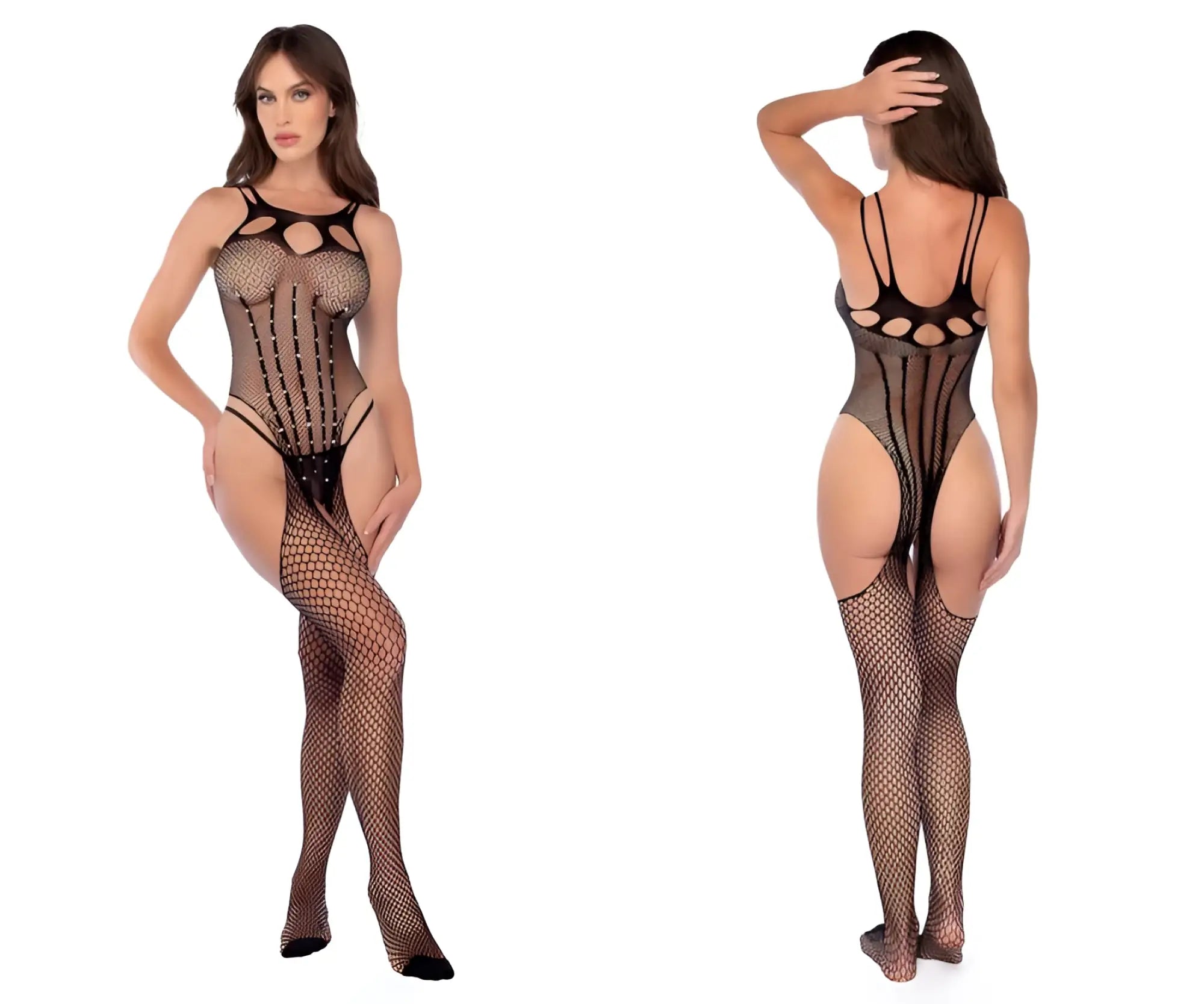 Black fishnet bodysuit with cutout details and rhinestone accents by Mapale in mesh design and rhinestone color black-rhinestone