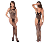Black fishnet bodysuit with cutout details and rhinestone accents by Mapale in mesh design and rhinestone color black-rhinestone