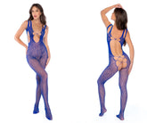 A blue lace bodysuit by Mapale 1141 featuring intricate cutout details and a sheer, form-fitting fishnet design