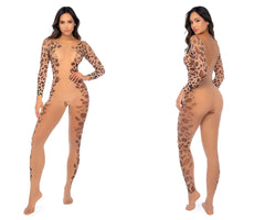 Mapale 1143 leopard print sheer mesh bodystocking with long sleeves and a backless design shown from the back