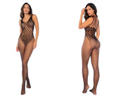 Black mapale 1145 leopard fishnet bodystocking with lace overlay and crisscross back straps shown from the back