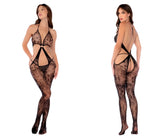 Black lace Mapale 1147 floral fishnet bodystocking with intricate floral patterns and halter neckline in black