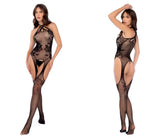 Black lace Mapale 1148 rose fishnet bodystocking with floral embroidery and mesh panels in black color